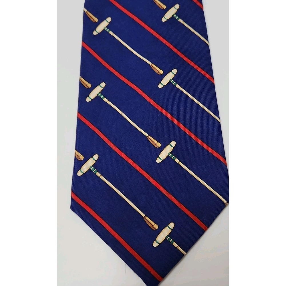 Polo Ralph Lauren Silk Tie Navy Blue Red Stripe Polo Mallet Made by Hand USA